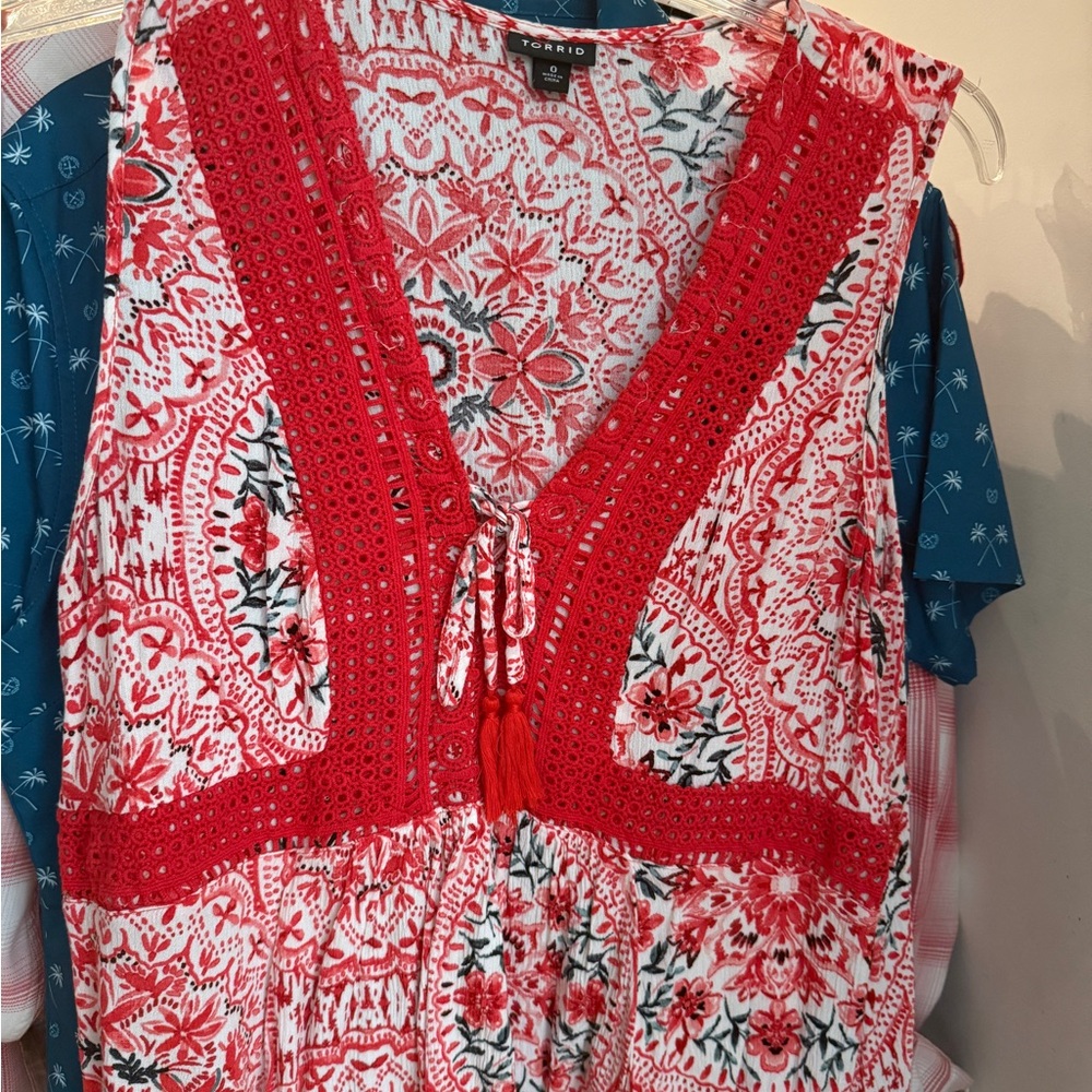 Torrid Red and White Lace Trim Blouse